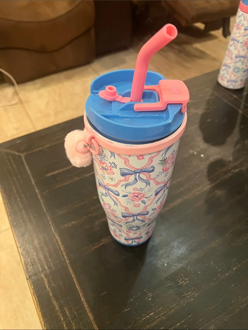 Simply Belle Pink & Blue Floral Insulated Tumbler with Pom Handle